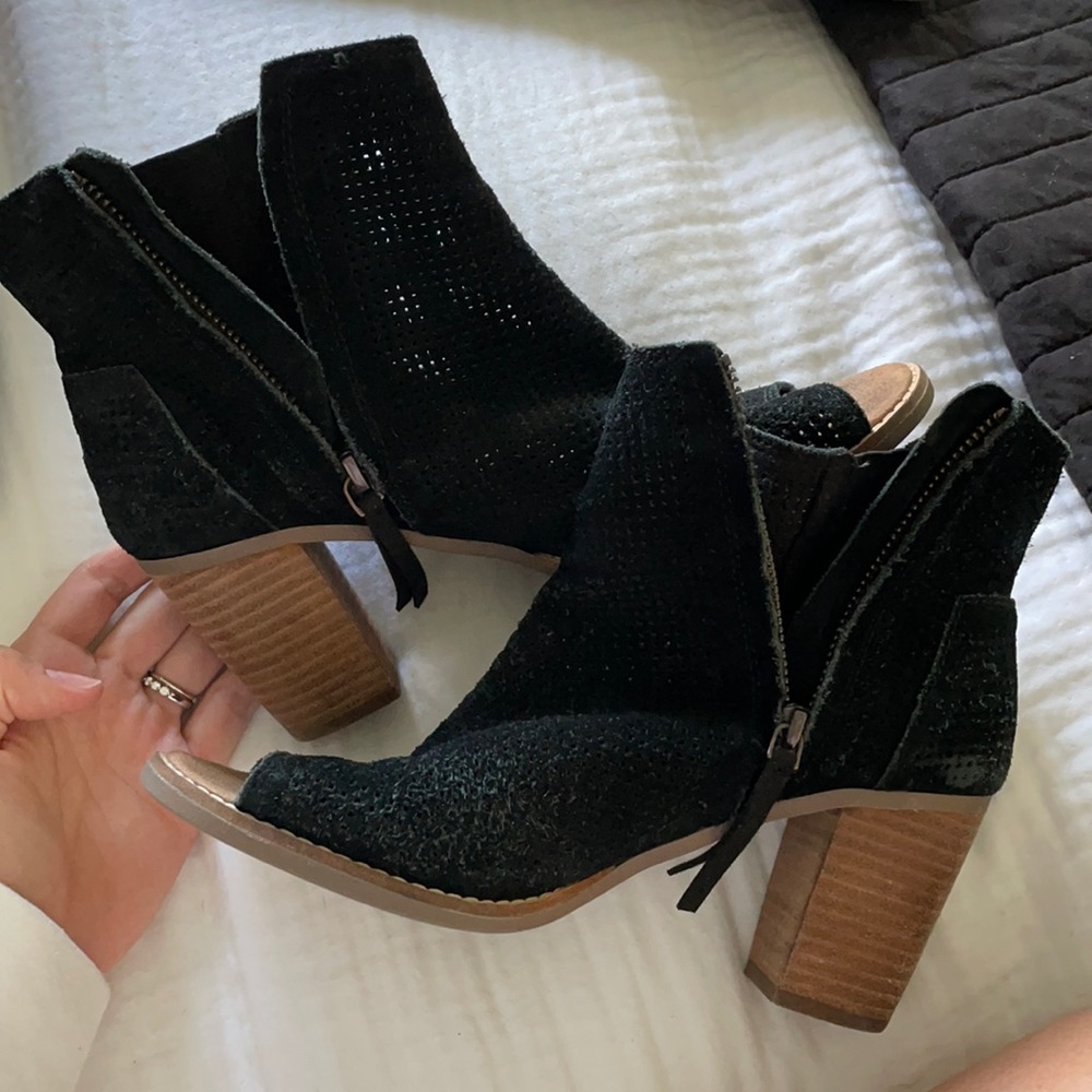Tom’s Peep-Toe Booties, 3” heel. Size 7.5